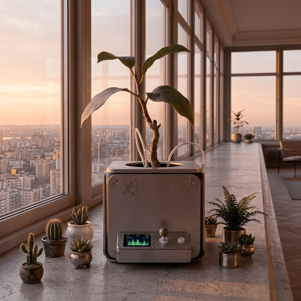 T1N-P0T at sunset with plants