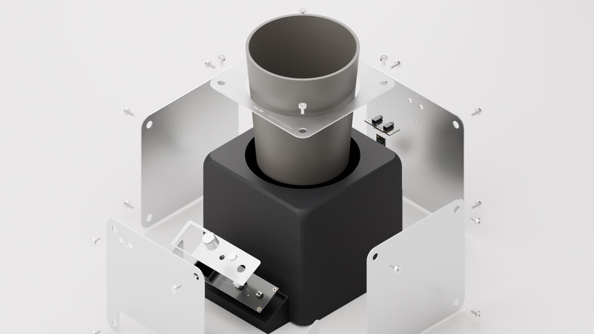 exploded view of T1N-P0T: dark core, ceramic insert, aluminum panels and screws