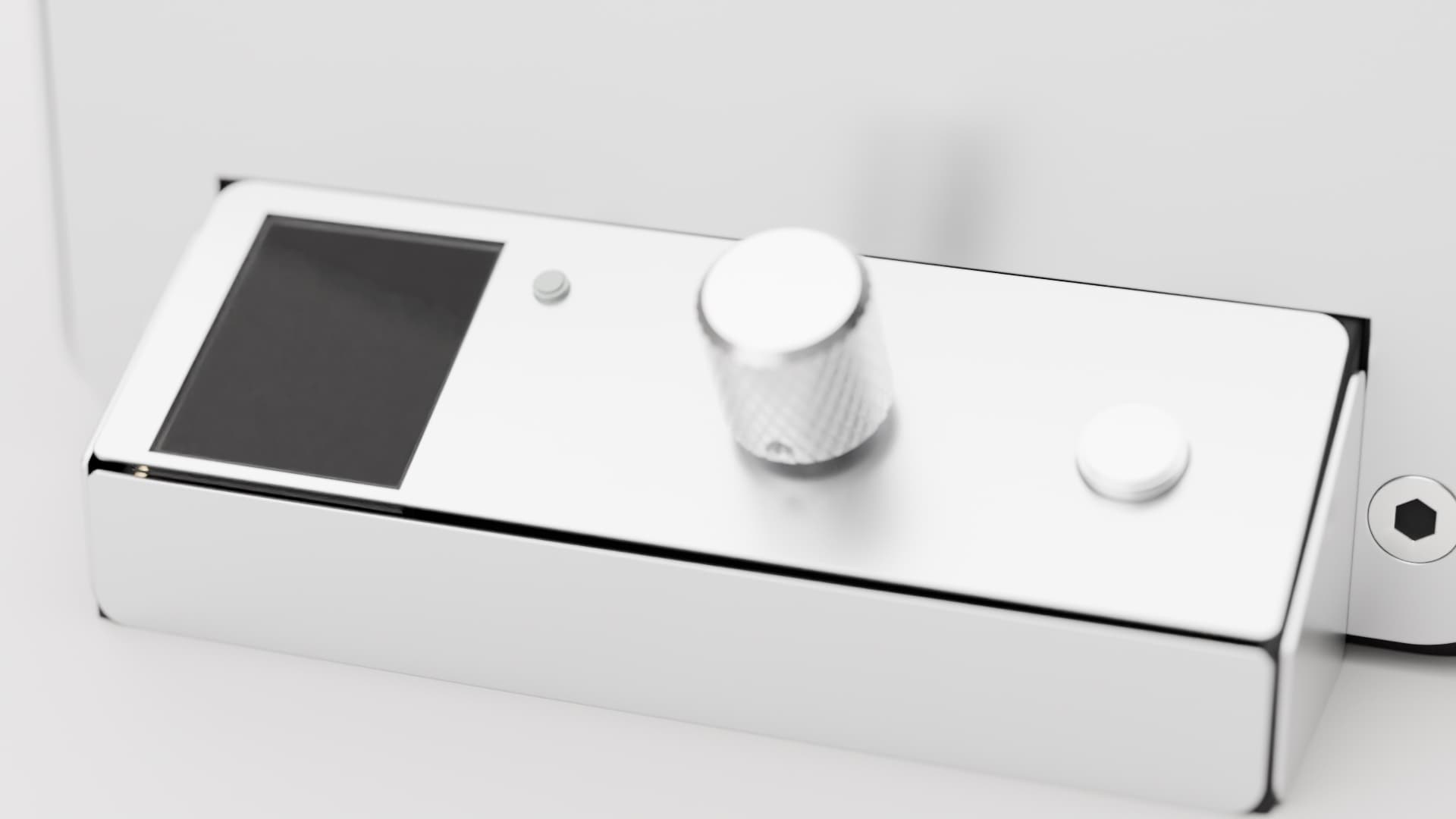 control deck with a small screen, knurled knob, LED and button