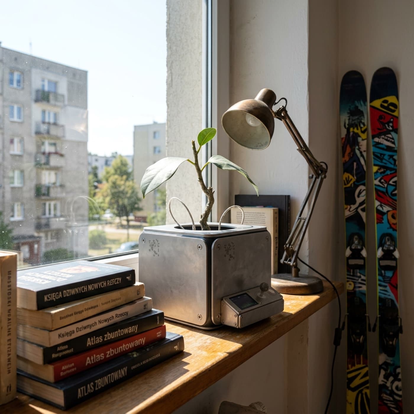 T1N-P0T with a small plant on a sunny windowsill in a city flat, next to books and a desk lamp